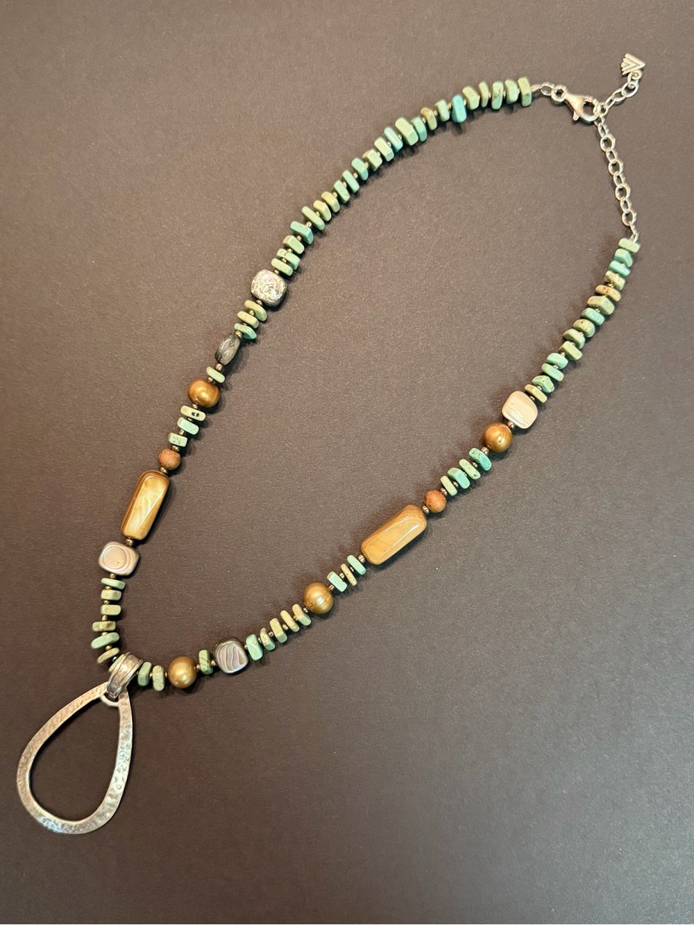Silpada Turquoise and Brown Beaded Necklace with Silver Teardrop Pendant